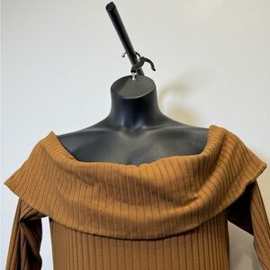 Off-Shoulder Ribbed Sweater Dress XXL Camel Brown Cozy Fall Winter (Plus Size)